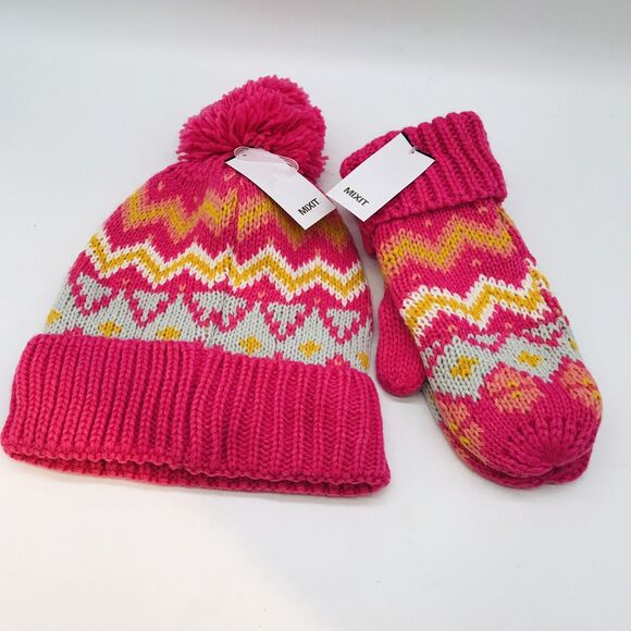 MIXIT Winter Beanie & Mitten Combo Pack Womens Shocking Pink PomPom Stocking Hat - Picture 2 of 6